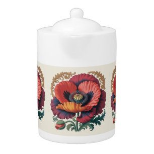 Ornate Vintage Poppy Floral Illustration Teapot