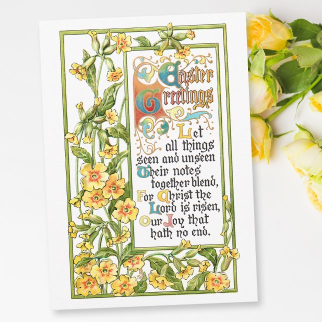 Ornate Vintage Religious Easter Hymn and Primroses Holiday Card (Creator Uploaded)