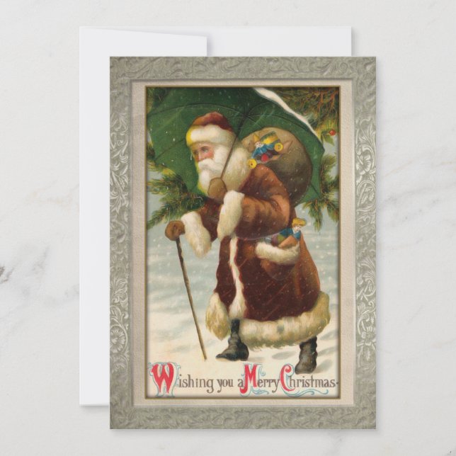 Ornate Vintage Santa with Gifts Holiday Card (Front)