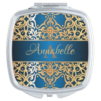 Ornate Vintage Shiny Gold And Blue Jeweled Custom Compact Mirror