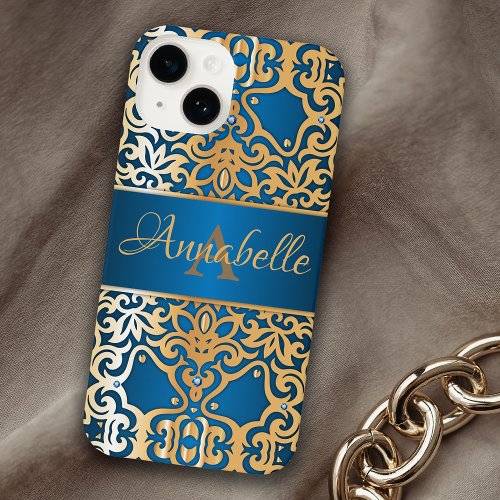 Ornate Vintage Shiny Gold And Blue Jeweled Custom  iPhone 14 Case