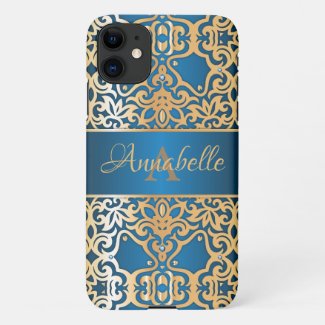 Ornate Vintage Shiny Gold And Blue Jeweled Custom  iPhone Case
