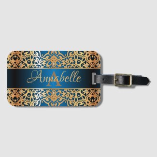 Ornate Vintage Shiny Gold And Blue Jeweled Custom  Luggage Tag