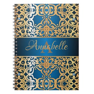 Ornate Vintage Shiny Gold And Blue Jeweled Custom  Notebook