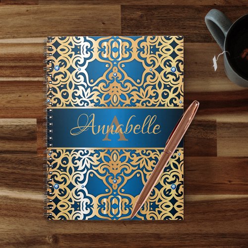 Ornate Vintage Shiny Gold And Blue Jeweled Custom  Notebook