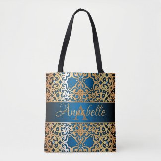 Ornate Vintage Shiny Gold And Blue Jeweled Custom Tote Bag
