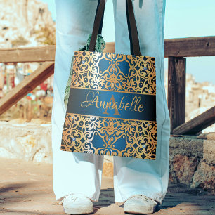 Ornate Vintage Shiny Gold And Blue Jeweled Custom Tote Bag