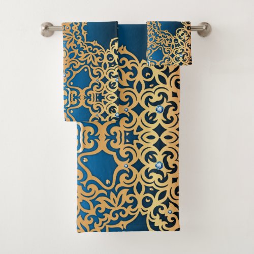 Ornate Vintage Shiny Gold And Blue Jeweled Pattern Bath Towel Set