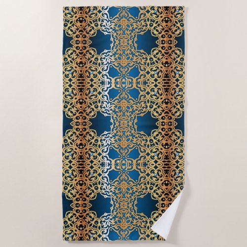 Ornate Vintage Shiny Gold And Blue Jeweled Pattern Beach Towel