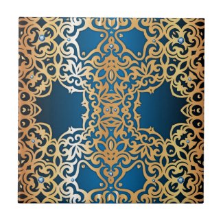 Ornate Vintage Shiny Gold And Blue Jeweled Pattern Ceramic Tile