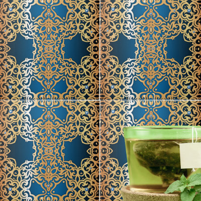 Ornate Vintage Shiny Gold And Blue Jeweled Pattern Tile