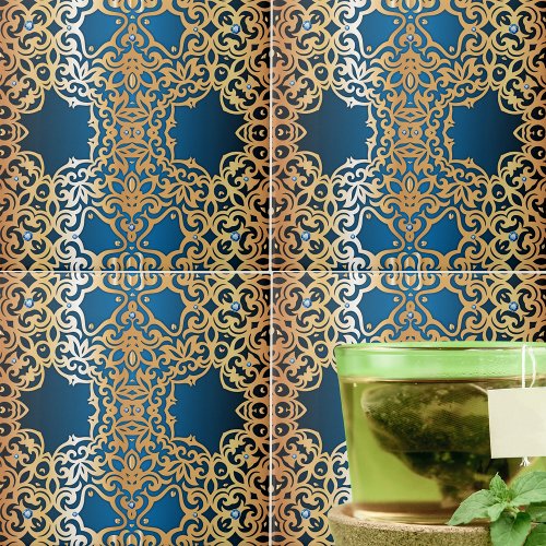 Ornate Vintage Shiny Gold And Blue Jeweled Pattern Ceramic Tile