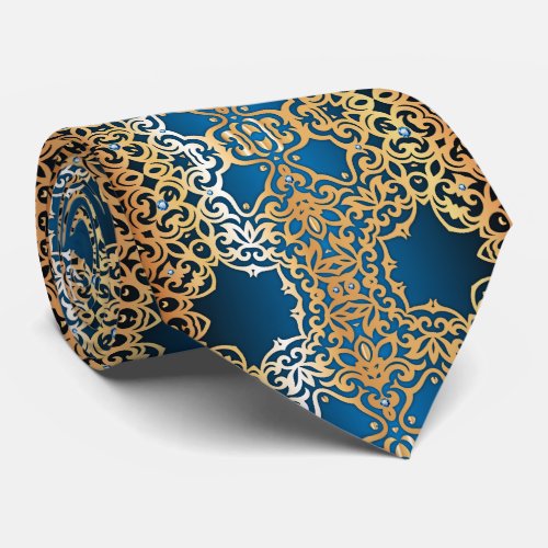 Ornate Vintage Shiny Gold And Blue Jeweled Pattern Neck Tie