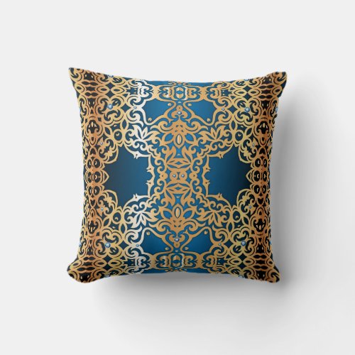 Ornate Vintage Shiny Gold And Blue Jeweled Pattern Throw Pillow
