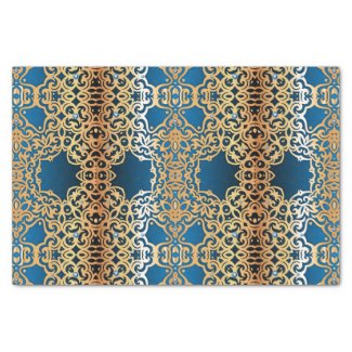 Ornate Vintage Shiny Gold And Blue Jeweled Pattern Tissue Paper