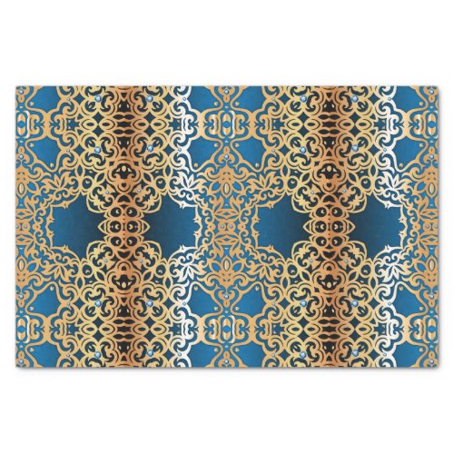 Ornate Vintage Shiny Gold And Blue Jeweled Pattern Tissue Paper