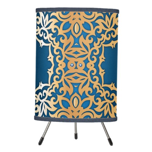 Ornate Vintage Shiny Gold And Blue Jeweled Pattern Tripod Lamp