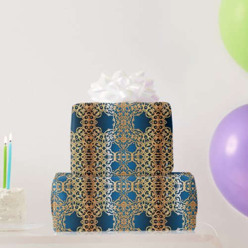 Ornate Vintage Shiny Gold And Blue Jeweled Pattern Wrapping Paper