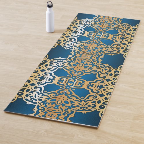 Ornate Vintage Shiny Gold And Blue Jeweled Pattern Yoga Mat