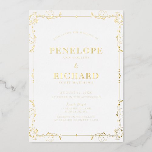 Ornate Vintage Swirl Border Wedding Gold Foil Invitation