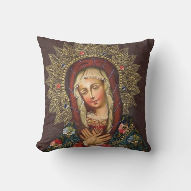 Ornate Virgin Mary Madonna Flowers Throw Pillow (Front)