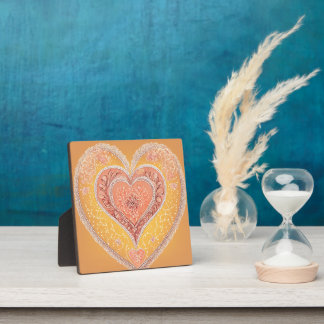 Ornate Warm Yellow and Coral Lace Heart AI art Plaque