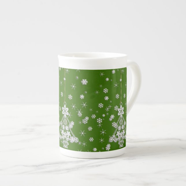 Ornate White Christmas Tree & Snowflakes Bone China Mug (Front Right)