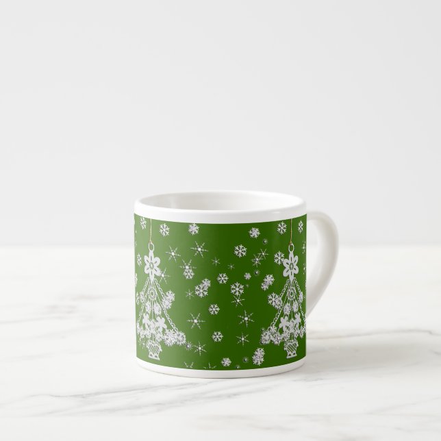 Ornate White Christmas Tree & Snowflakes Espresso Cup (Front Right)