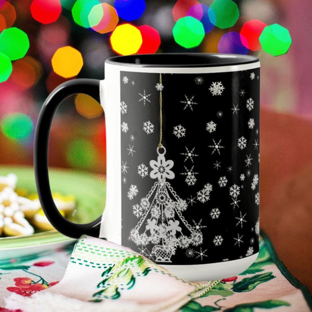 Ornate White Christmas Tree Snowflakes on Black Mug (Creator Uploaded)