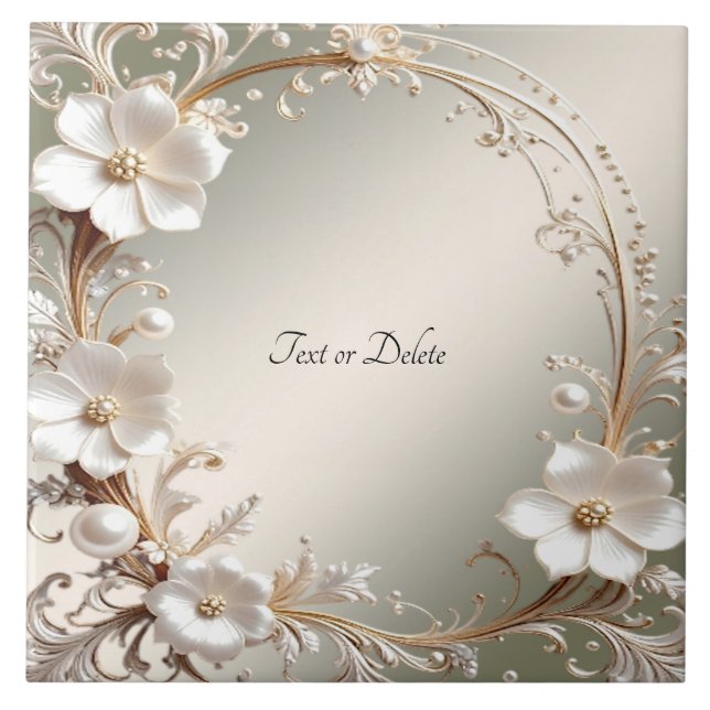 Ornate White Floral Ceramic Tile (Front)