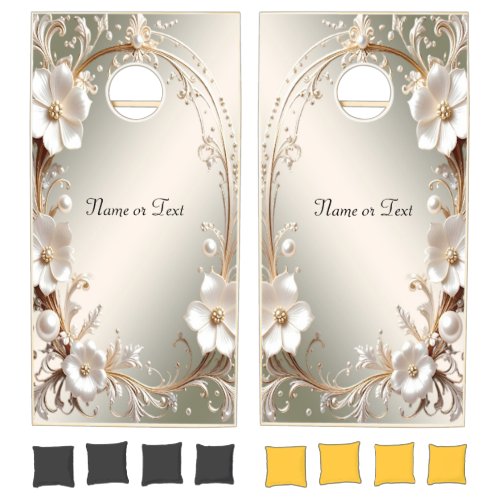 Ornate White Floral Cornhole Set