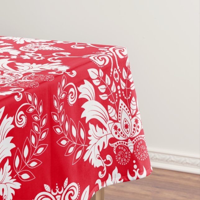 Ornate White Floral Damasks Red Background Tablecloth (In Situ)