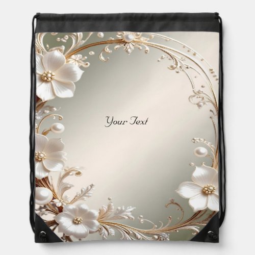 Ornate White Floral Frame Drawstring Backpack