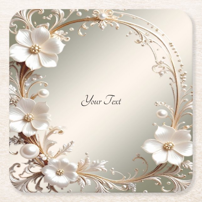 Ornate White Floral Frame Paper Coaster (Front)