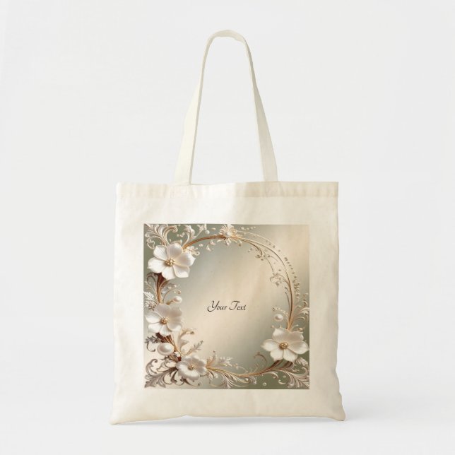 Ornate White Floral Frame Tote Bag (Front)