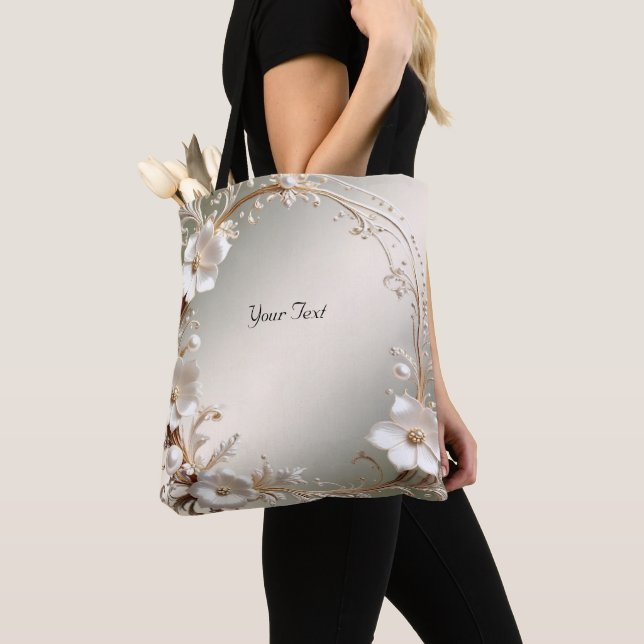 Ornate White Floral Frame Tote Bag (Close Up)