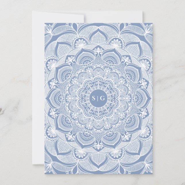 Ornate White floral lace dusty blue mandala Invitation (Front)