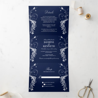 Ornate White Floral Swirls on Navy Blue Wedding Tri-Fold Invitation