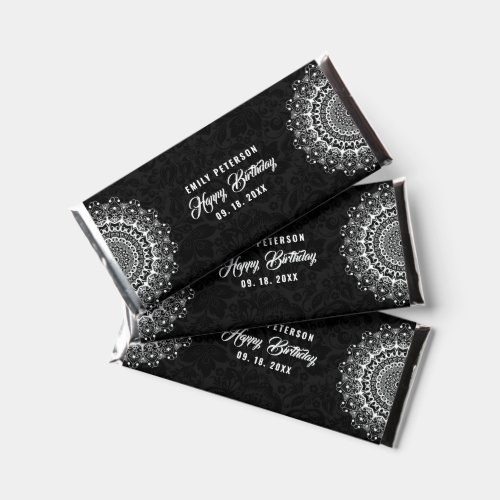 Ornate White Mandala on Black Happy Birthday Hershey Bar Favors