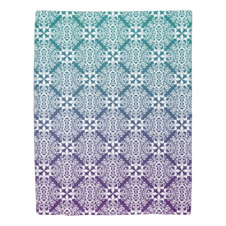 Ornate White Purple And Teal Damask With Gradient Duvet Cover