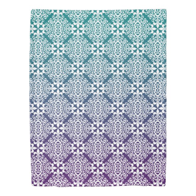 Ornate White Purple And Teal Damask With Gradient Duvet Cover (Front)