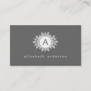Ornate White Sage Green Snowflake Monogram Gray Business Card