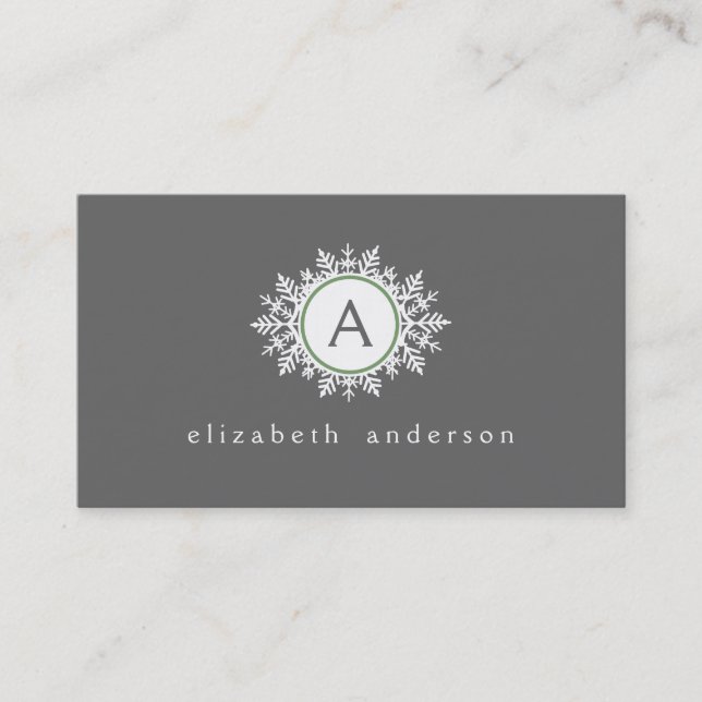 Ornate White Sage Green Snowflake Monogram Gray Business Card (Front)