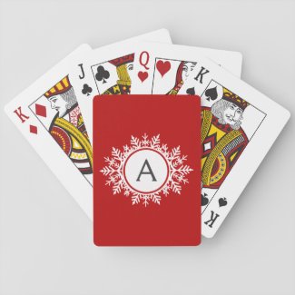Ornate White Snowflake Monogram on Festive Red Playing Cards