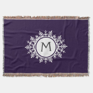 Ornate White Snowflake Monogram on Purple Throw Blanket