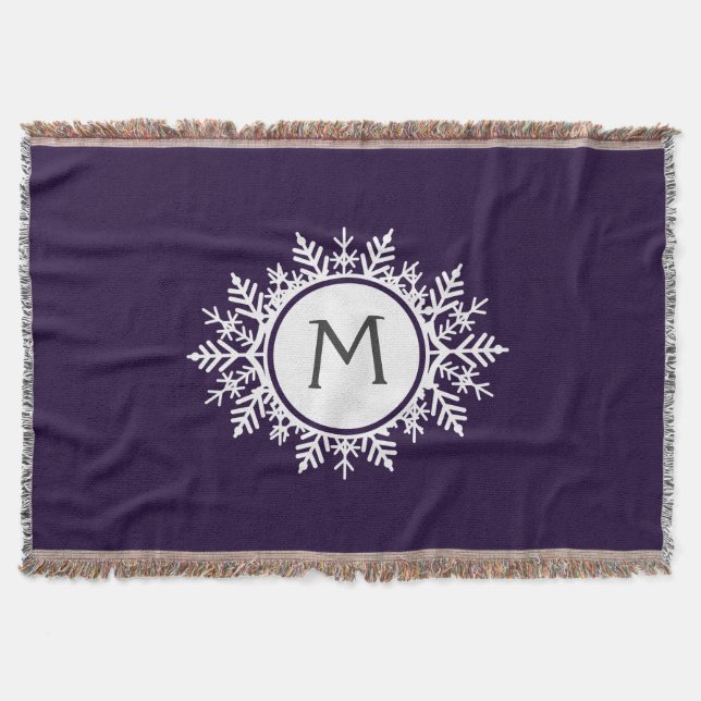 Ornate White Snowflake Monogram on Purple Throw Blanket (Front)
