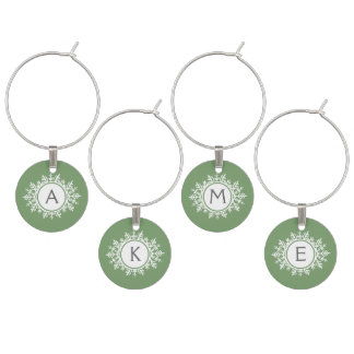 Ornate White Snowflake Monogram on Sage Green Wine Charm