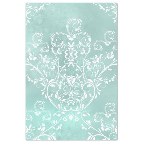 Ornate White Swirls on Pastel Teal Floral  Tissue Paper