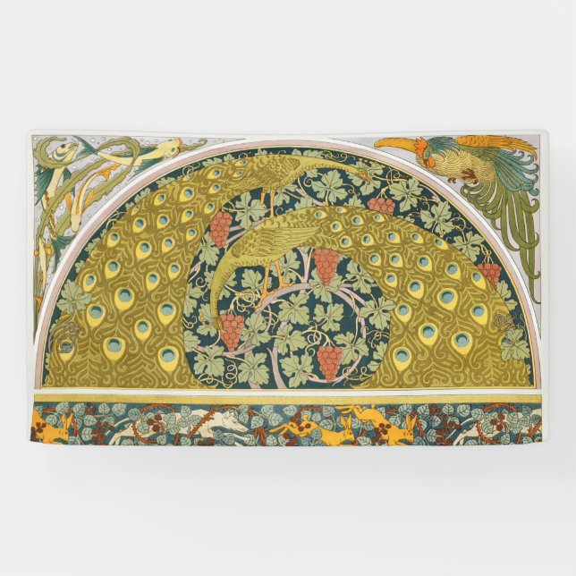 Ornate William Morris Style Peacock Grapevine Art Banner (Horizontal)