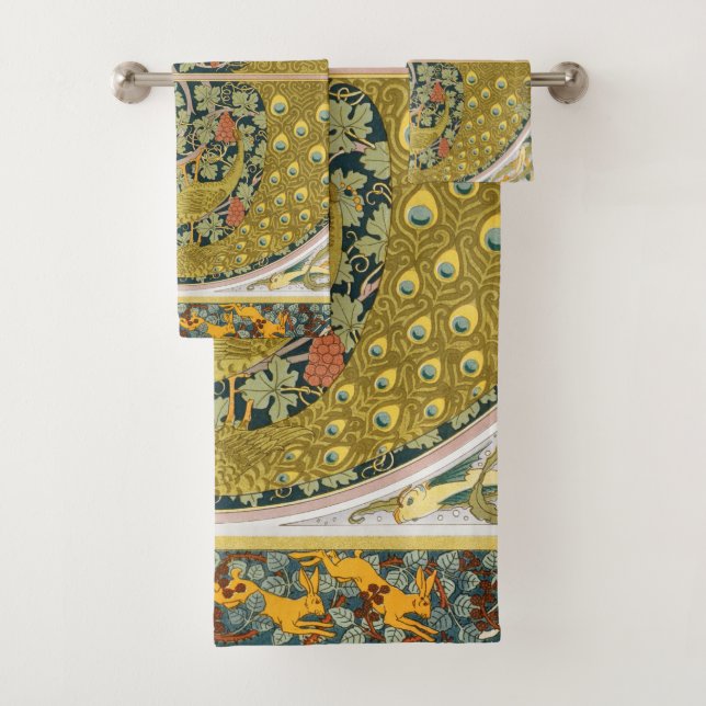 Ornate William Morris Style Peacock Grapevine Art Bath Towel Set (Insitu)